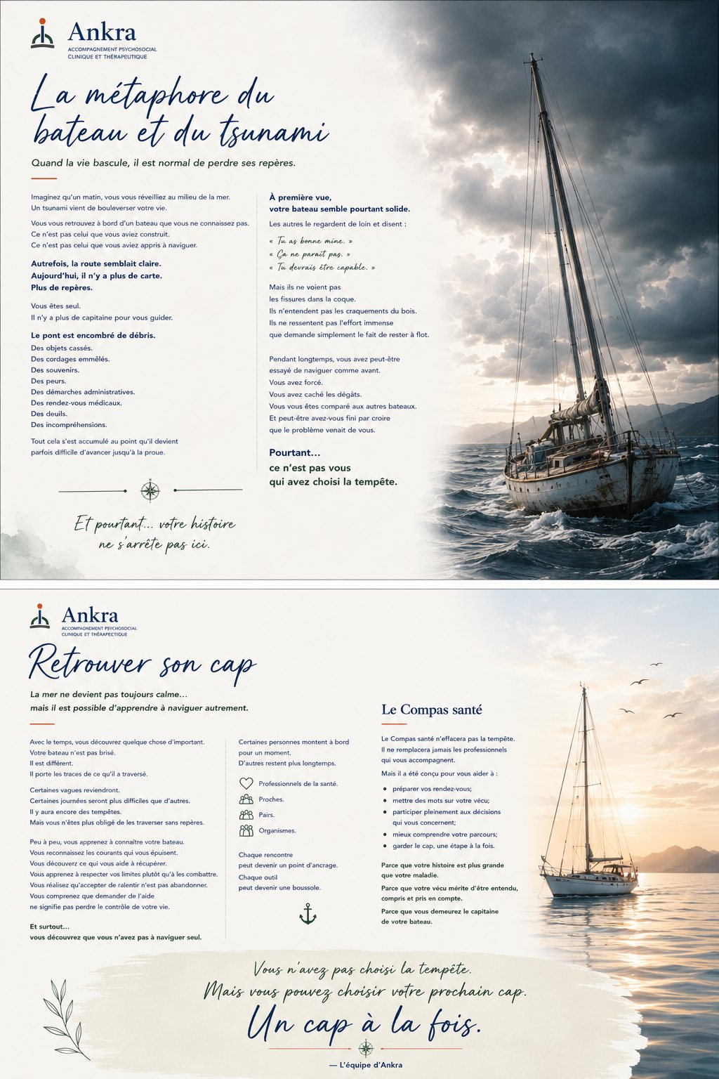 La métaphore du bateau et du tsunami — affiche Ankra : quand la vie bascule, il est normal de perdre ses repères ; retrouver son cap, un cap à la fois
