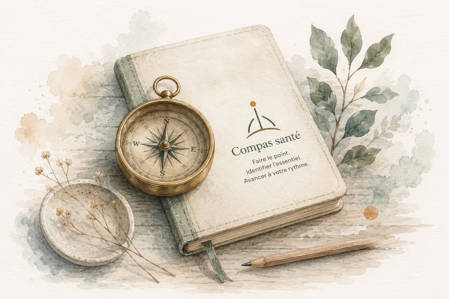 Le Compas santé — aquarelle : carnet et boussole
