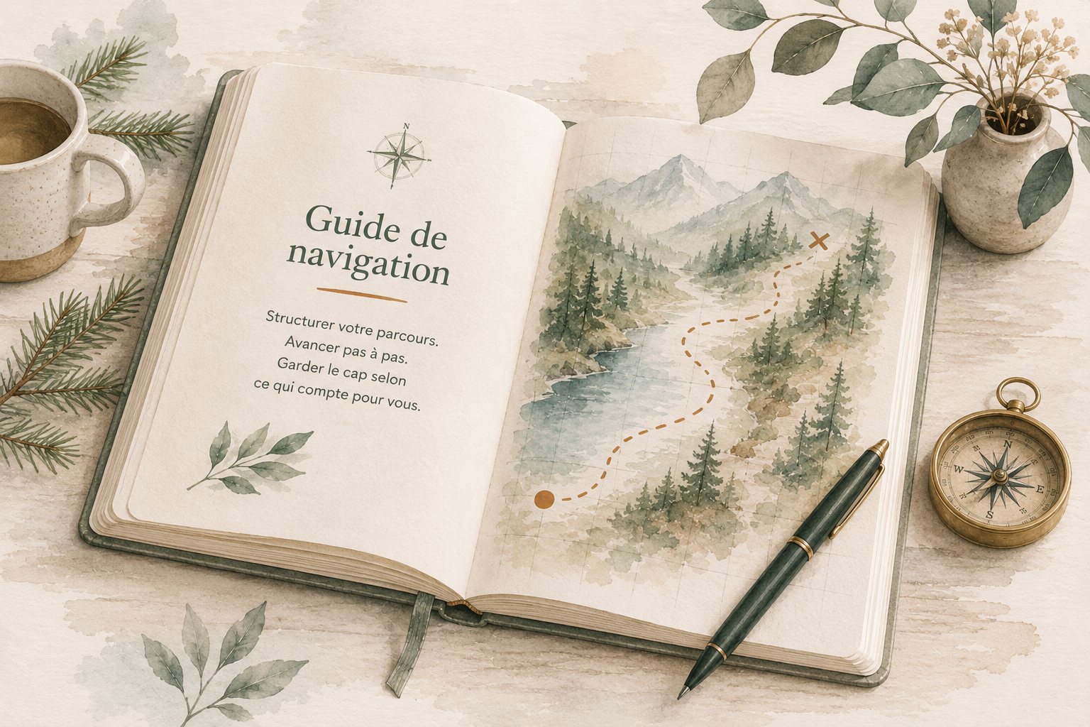 Le Guide de navigation — aquarelle : carnet ouvert sur une carte